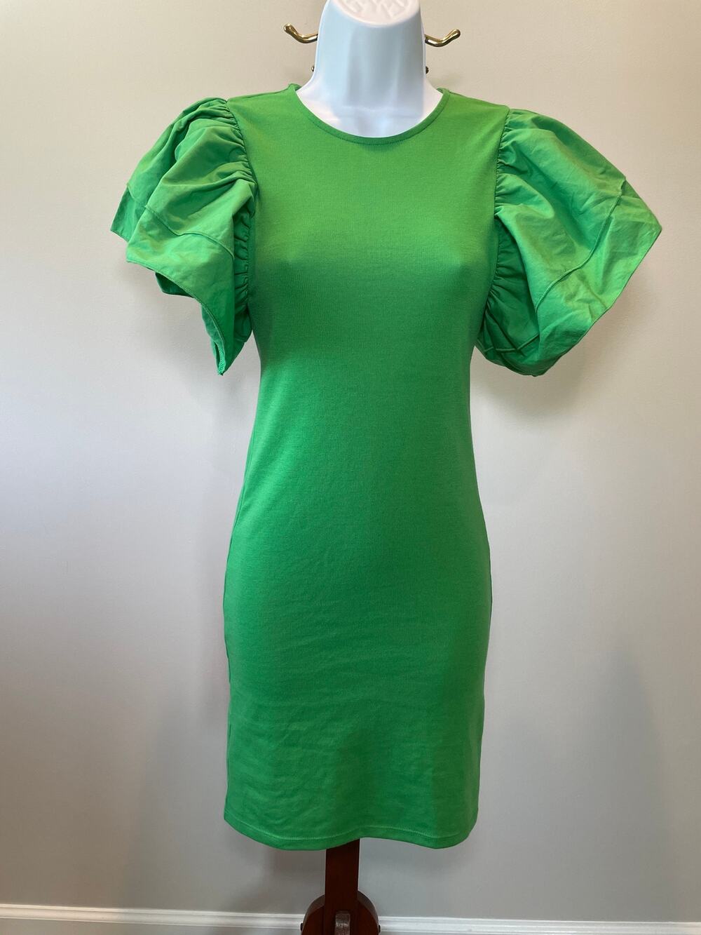 ZARA Size S Green Bodycon Dress Puff Sleeves Stretchy Knit